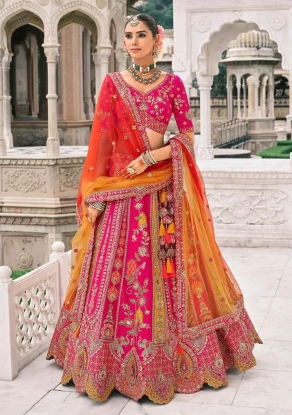 Bohemian Hot Pink Embroidered Silk Lehenga with Mirror Work for Party Wear Bridal Lehenga Choli