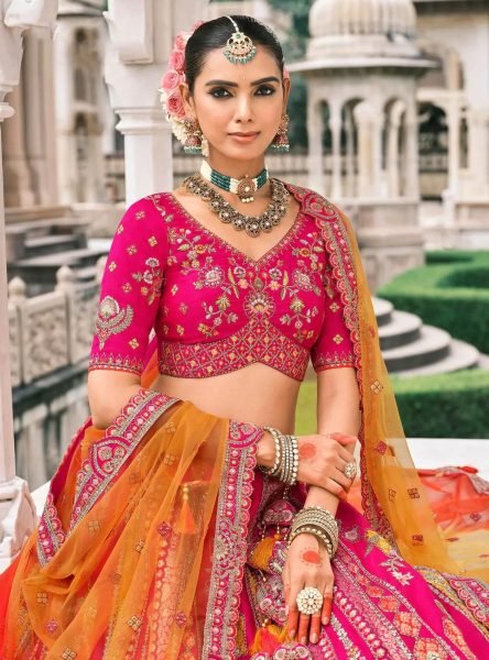 Bohemian Hot Pink Embroidered Silk Lehenga with Mirror Work for Party Wear Bridal Lehenga Choli