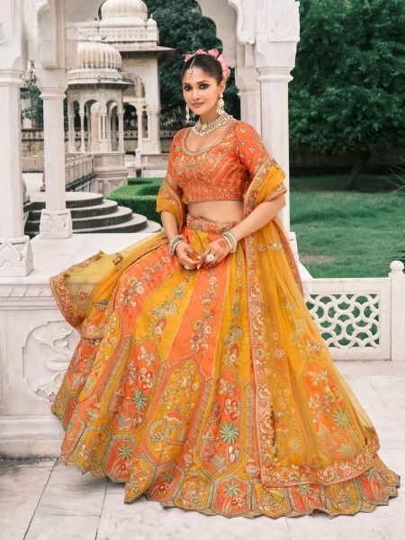 Wedding Special Orange And Yellow Fancy Silk Lehenga with Designer Blouse Bridal Lehenga Choli