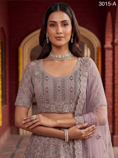 Bohemian Lavender Bridal Net Lehenga with Zari and Diamond Work for Wedding Wear Bridal Lehenga Choli