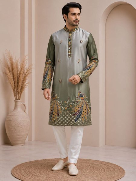 Bohemian Mahendi Shaded Malai Satin Embroidered Kurta Pyjama Set for Men 