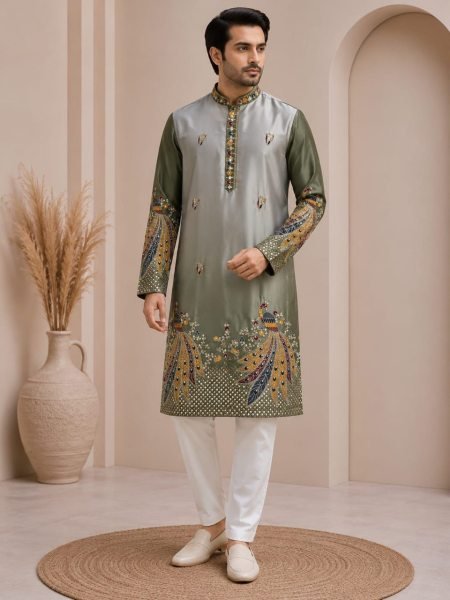 Bohemian Mahendi Shaded Malai Satin Embroidered Kurta Pyjama Set for Men Kurta Pajama Wholesale
