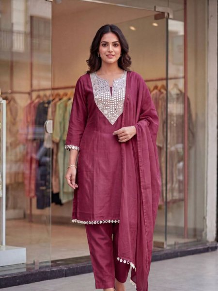 Bohemian Maroon Elegant Ethnic Suit Set with Real Mirror Work Design Kurtis