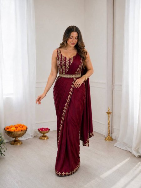 Bohemian Maroon Heavy Crepe Silk Saree with Rich Embroidery and Golden Foil Lace Detailing Ready To Wear Suit