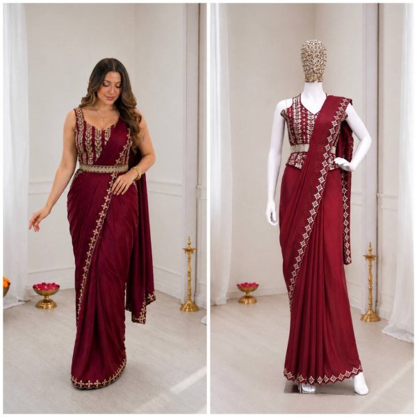 Bohemian Maroon Heavy Crepe Silk Saree with Rich Embroidery and Golden Foil Lace Detailing Ready To Wear Collection