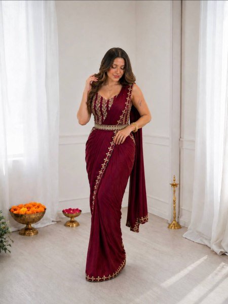 Bohemian Maroon Heavy Crepe Silk Saree with Rich Embroidery and Golden Foil Lace Detailing Ready To Wear Collection