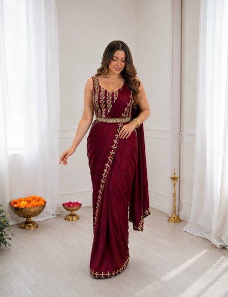 Bohemian Maroon Heavy Crepe Silk Saree with Rich Embroidery and Golden Foil Lace Detailing Ready To Wear Collection