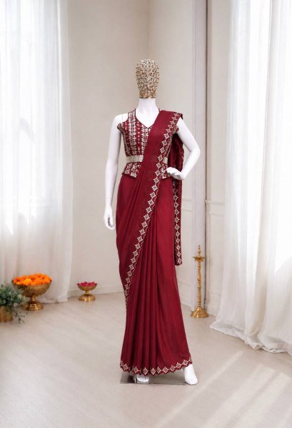 Bohemian Maroon Heavy Crepe Silk Saree with Rich Embroidery and Golden Foil Lace Detailing Ready To Wear Collection