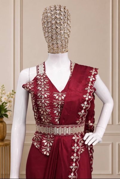 Bohemian Maroon Heavy Crepe Silk Saree with Rich Embroidery and Golden Foil Lace Detailing Ready To Wear Collection