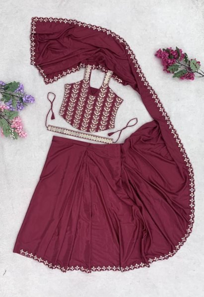 Bohemian Maroon Heavy Crepe Silk Saree with Rich Embroidery and Golden Foil Lace Detailing Ready To Wear Collection