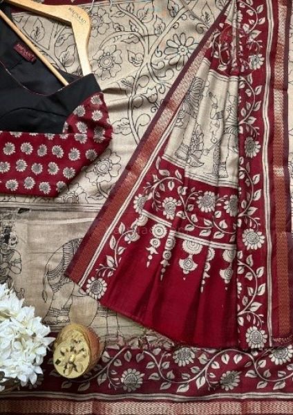 Bohemian Maroon Latest Silk Cotton Saree with Printed Border Blouse Silk Sarees Wholesale