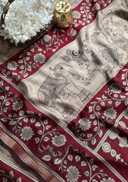 Bohemian Maroon Latest Silk Cotton Saree with Printed Border Blouse Silk Sarees Wholesale