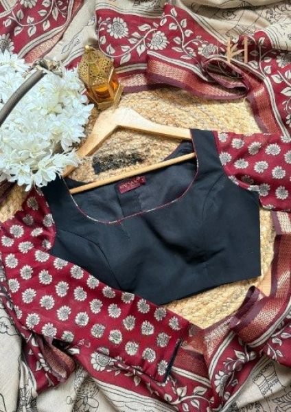 Bohemian Maroon Latest Silk Cotton Saree with Printed Border Blouse Silk Sarees Wholesale