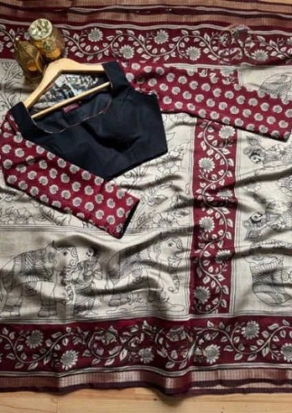 Bohemian Maroon Latest Silk Cotton Saree with Printed Border Blouse Silk Sarees Wholesale