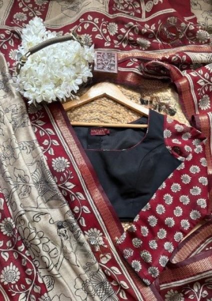 Bohemian Maroon Latest Silk Cotton Saree with Printed Border Blouse Silk Sarees Wholesale