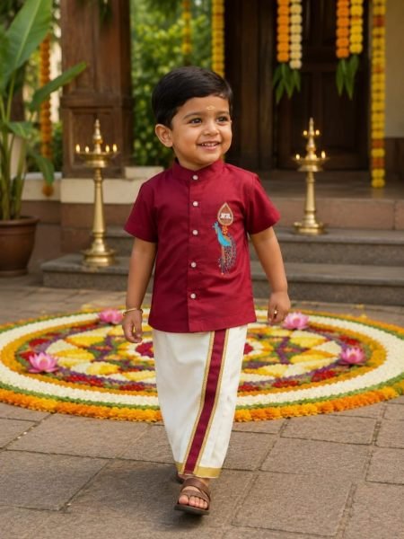 Bohemian Maroon Premium Kerala Kids Shirt Mundu Set with Peacock Maggam Work 