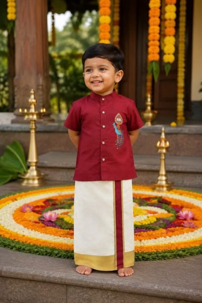 Bohemian Maroon Premium Kerala Kids Shirt Mundu Set with Peacock Maggam Work Boys Wear