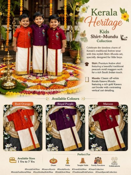 Bohemian Maroon Premium Kerala Kids Shirt Mundu Set with Peacock Maggam Work Boys Wear