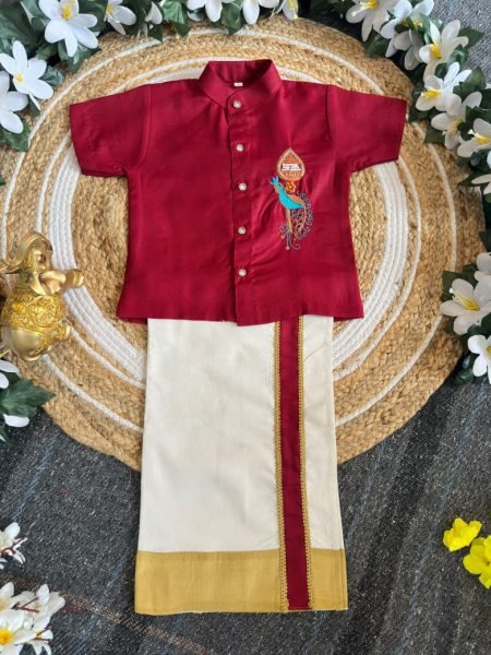 Bohemian Maroon Premium Kerala Kids Shirt Mundu Set with Peacock Maggam Work Boys Wear