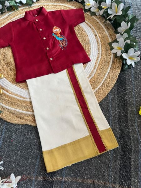 Bohemian Maroon Premium Kerala Kids Shirt Mundu Set with Peacock Maggam Work Boys Wear