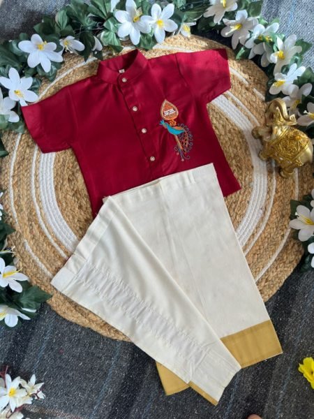 Bohemian Maroon Premium Kerala Kids Shirt Mundu Set with Peacock Maggam Work Boys Wear