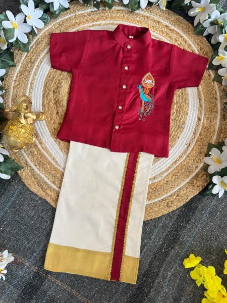 Bohemian Maroon Premium Kerala Kids Shirt Mundu Set with Peacock Maggam Work Boys Wear