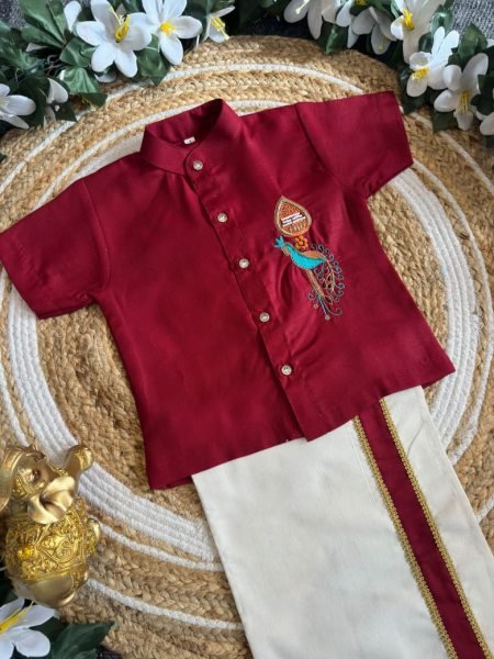 Bohemian Maroon Premium Kerala Kids Shirt Mundu Set with Peacock Maggam Work Boys Wear