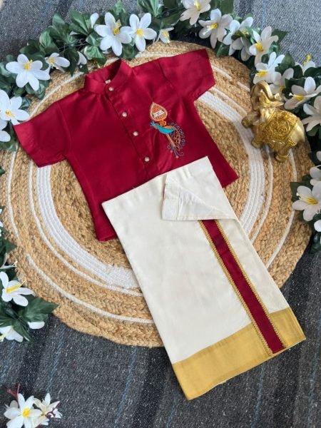 Bohemian Maroon Premium Kerala Kids Shirt Mundu Set with Peacock Maggam Work Boys Wear