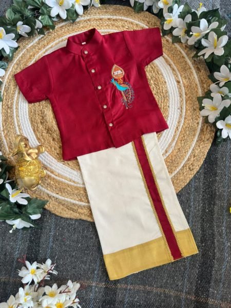 Bohemian Maroon Premium Kerala Kids Shirt Mundu Set with Peacock Maggam Work Boys Wear