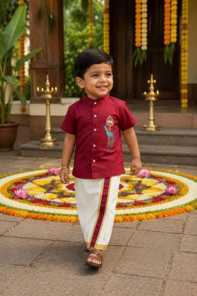 Bohemian Maroon Premium Kerala Kids Shirt Mundu Set with Peacock Maggam Work Boys Wear