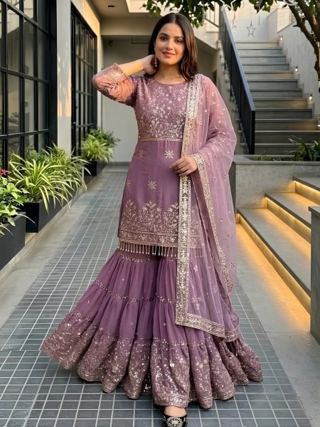 Bohemian Mauve Designer Sharara Suit with Sequin Embroidery and Soft Net Dupatta 
