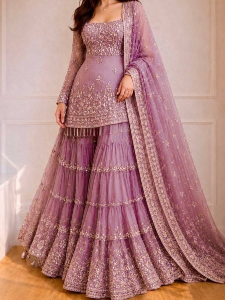 Bohemian Mauve Designer Sharara Suit with Sequin Embroidery and Soft Net Dupatta Ready To Wear Collection