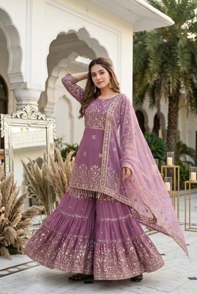 Bohemian Mauve Designer Sharara Suit with Sequin Embroidery and Soft Net Dupatta Ready To Wear Collection
