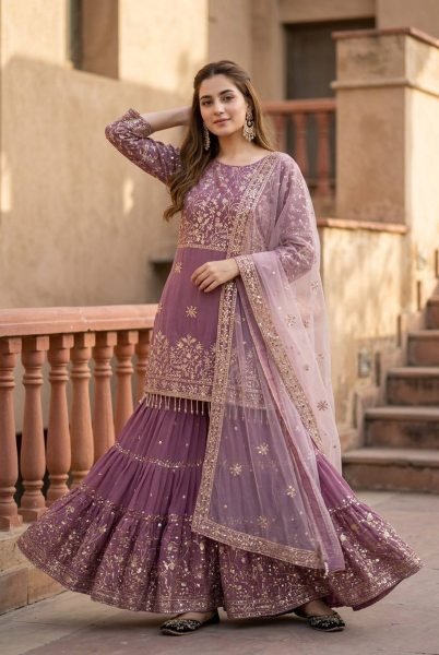 Bohemian Mauve Designer Sharara Suit with Sequin Embroidery and Soft Net Dupatta Ready To Wear Collection