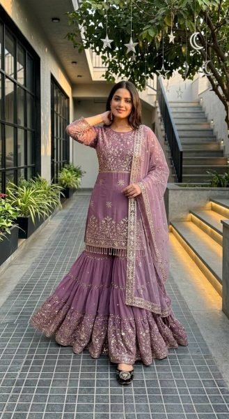 Bohemian Mauve Designer Sharara Suit with Sequin Embroidery and Soft Net Dupatta Ready To Wear Collection