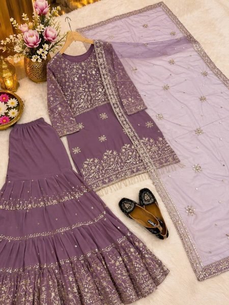 Bohemian Mauve Designer Sharara Suit with Sequin Embroidery and Soft Net Dupatta Ready To Wear Collection