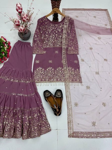 Bohemian Mauve Designer Sharara Suit with Sequin Embroidery and Soft Net Dupatta Ready To Wear Collection