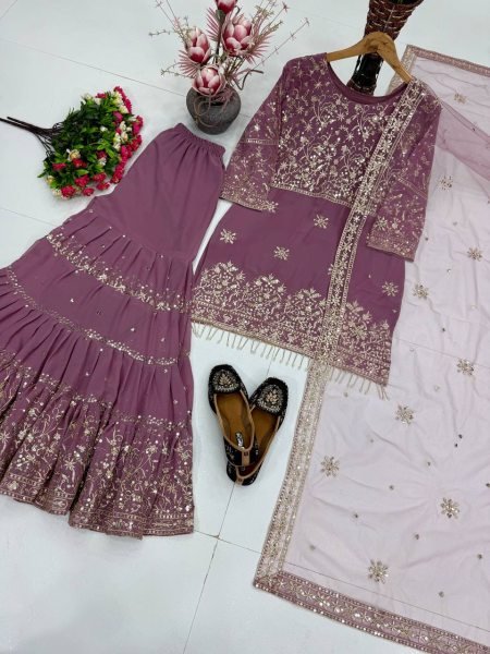 Bohemian Mauve Designer Sharara Suit with Sequin Embroidery and Soft Net Dupatta Ready To Wear Collection