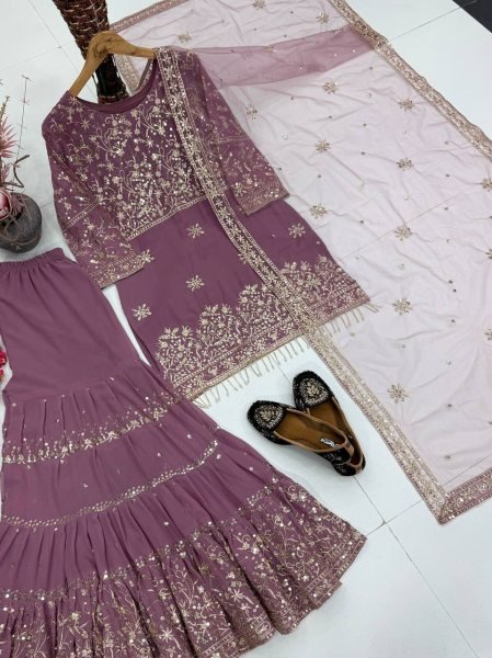 Bohemian Mauve Designer Sharara Suit with Sequin Embroidery and Soft Net Dupatta Ready To Wear Collection