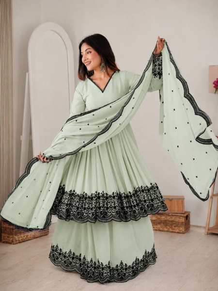Bohemian Mint Green Elegant Faux Georgette Suit Set with Embroidery Thread Work and Dupatta Ready To Wear Suit