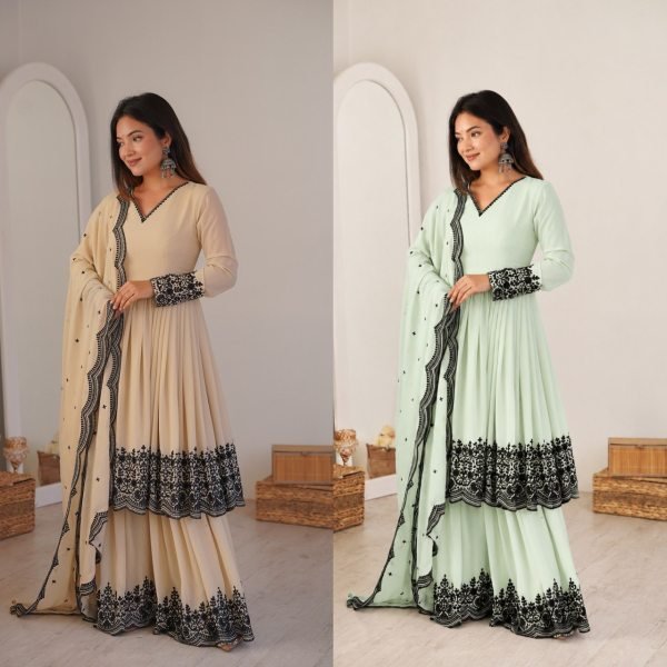 Bohemian Mint Green Elegant Faux Georgette Suit Set with Embroidery Thread Work and Dupatta Ready To Wear Collection