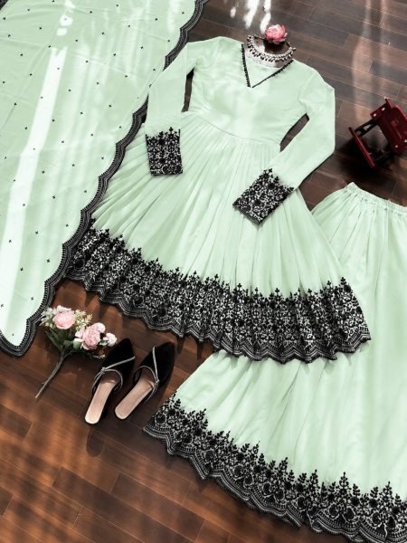 Bohemian Mint Green Elegant Faux Georgette Suit Set with Embroidery Thread Work and Dupatta Ready To Wear Collection