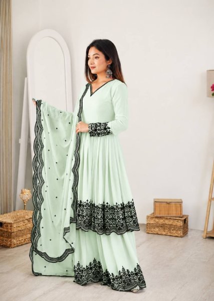 Bohemian Mint Green Elegant Faux Georgette Suit Set with Embroidery Thread Work and Dupatta Ready To Wear Collection