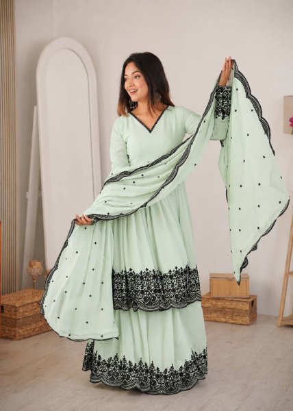 Bohemian Mint Green Elegant Faux Georgette Suit Set with Embroidery Thread Work and Dupatta Ready To Wear Collection