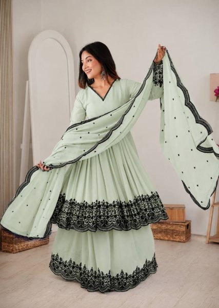 Bohemian Mint Green Elegant Faux Georgette Suit Set with Embroidery Thread Work and Dupatta Ready To Wear Collection