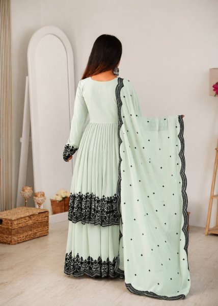 Bohemian Mint Green Elegant Faux Georgette Suit Set with Embroidery Thread Work and Dupatta Ready To Wear Collection