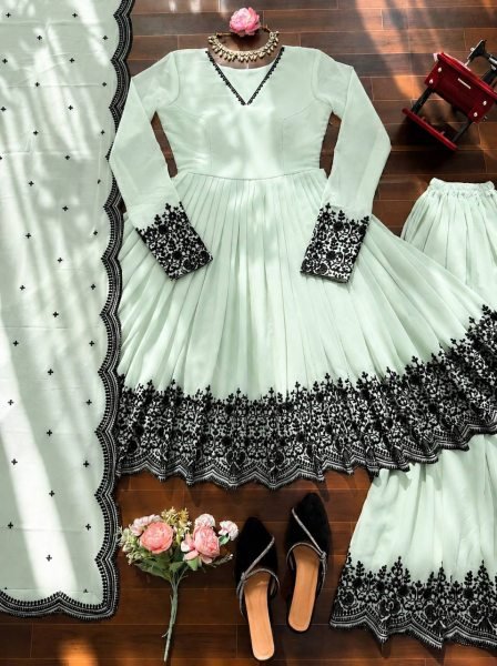Bohemian Mint Green Elegant Faux Georgette Suit Set with Embroidery Thread Work and Dupatta Ready To Wear Collection