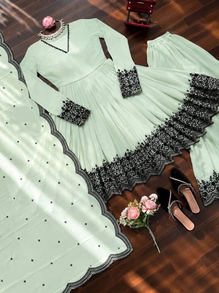 Bohemian Mint Green Elegant Faux Georgette Suit Set with Embroidery Thread Work and Dupatta Ready To Wear Collection