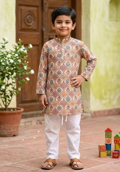 Bohemian Mulri Color Ethnic Kids Kurta Pyjama Set for Boutique Collection Boys Wear