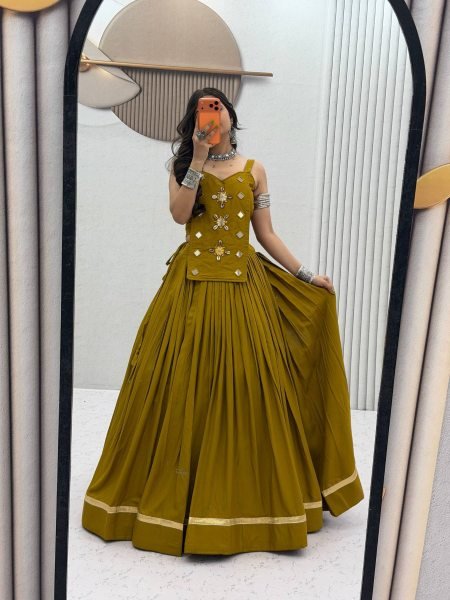 Bohemian Mustard Yelllow Readymade Navratri Lehenga Choli with Heavy Handwork  Lehenga